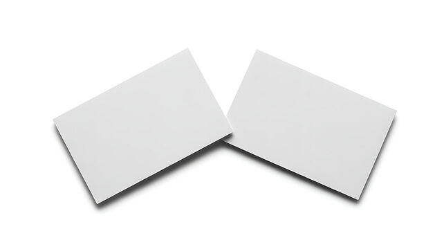 Two blank white business cards angled on a white background