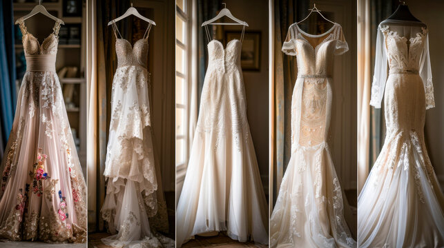 Elegant wedding dresses displayed in a bright, cozy room showcasing various styles and designs for special occasions