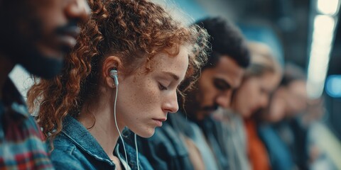 People listening to music on a subway during a busy weekday commute in an urban area