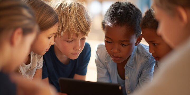 Group of children sharing a tablet, enjoying time together in a bright room during the afternoon