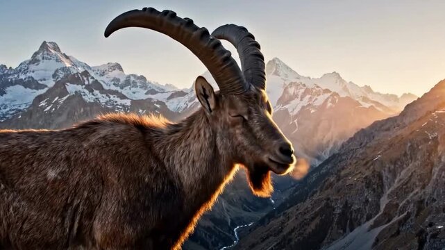 A magnificent Alpine ibex stands majestically amidst the rugged, snow-capped peaks of the mountains, bathed in the warm, golden glow of a breathtaking sunrise, showcasing nature's untamed beauty