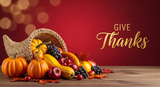Cornucopia with pumpkins, grapes, apples on wooden table, against red backdrop with golden "Give Thanks" text. Symbolizes abundance, gratitude, harvest.