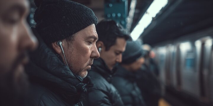 Busy subway commute in winter with passengers wearing earphones and warm jackets - Powered by Adobe