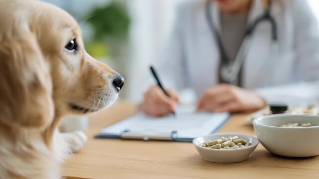 Golden retriever attentively observes veterinarian writing notes on clipboard, surrounded by pet medications and food, showcasing care and attention in a veterinary setting - Powered by Adobe