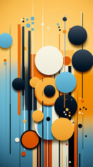 A modern abstract design with colorful circles and vertical lines on an orange-blue gradient. Generate AI