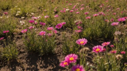 Fototapeta premium Field of vibrant pink flowers in full bloom under the sunlight.