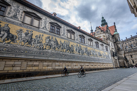 View of the Fuerstenzug, Procession of Princes mural on the outer wall of the Stables Courtyard of Dresden Castle. 