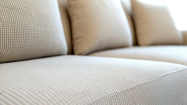 Hands diligently cleaning a grey fabric couch with a steamer and vacuum cleaner in a cozy living room setting