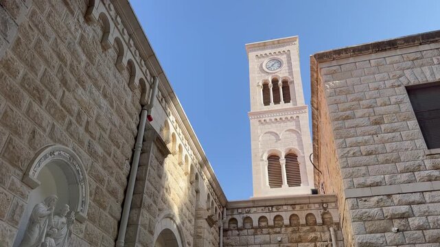Israel, November 18, 2025 &mdash; Exterior of St. Joseph&rsquo;s Church and its bell tower.