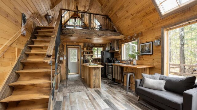 Charming rustic cabin interior with wooden loft and modern kitchen in forest setting