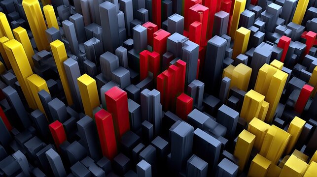 An abstract, top-down view of a dense cityscape composed of rectangular blocks in red, yellow, and gray.