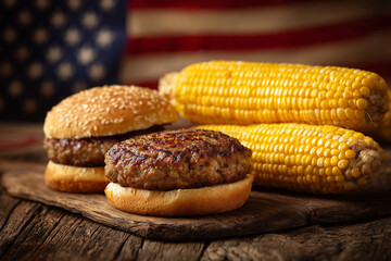 Grilled burgers and corn on the cob with an American flag backdrop, representing summer fun and patriotism. Ideal for holiday, picnic, or food concepts. High quality