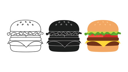 Burger illustration set vector line art and silhouette colorful flat design for fast food menu and restaurant promotion