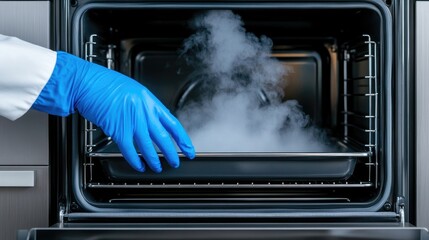 Woman in blue gloves opens oven releasing smoke in modern kitchen setting
