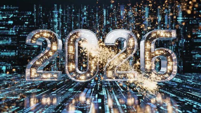 Futuristic 2026 New Year Celebration - The video showcases the year "2026" in a futuristic, digital design with reflective, transparent numbers filled with glowing circuits, set against a backdrop of