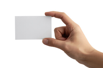 Obraz premium Hand holding a blank white business card isolated on white background