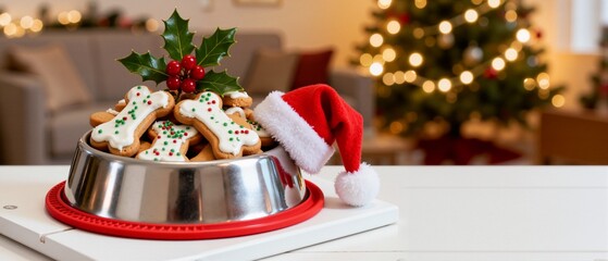 Christmas dog treats in a stainless steel bowl. Festive bone-shaped biscuits with holiday decorations and a Santa hat. Holiday pet food concept with a blurred Christmas tree background