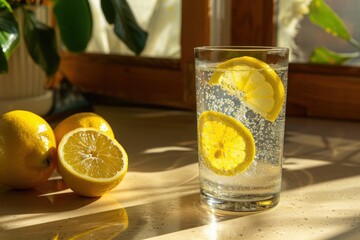 A clear glass of sparkling water with lemon slices and whole lemons on a sunny countertop