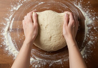 Hands kneading dough on a floured wooden surface, baking prep, homemade bread