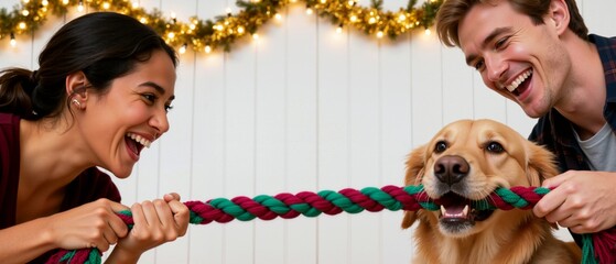 Happy young couple playing tug of war with their golden retriever dog. Joyful family having fun with a pet during the Christmas holidays at home