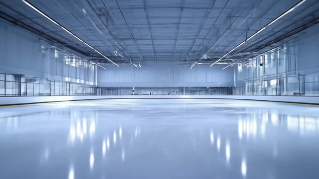 Empty, shiny, indoor ice rink under a metal grid ceiling with lights