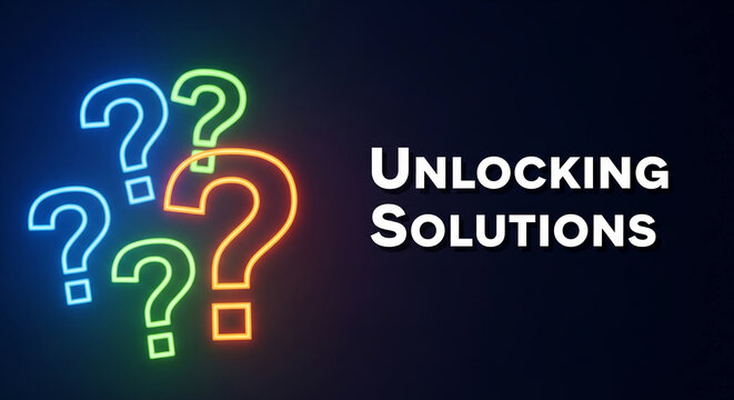Neon question marks in blue, green, and orange, representing uncertainty, problem-solving, and exploration of solutions, with a textual message - Powered by Adobe