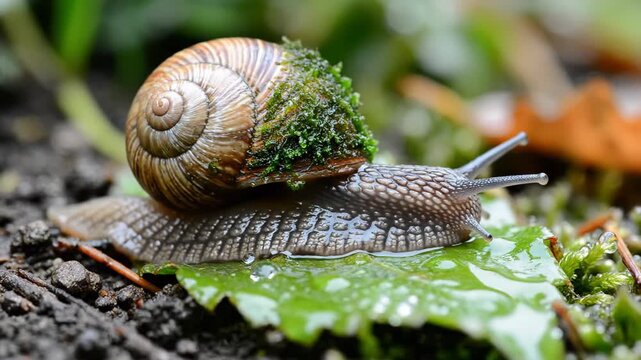 Moss Covered Snail - A macro shot captures a snail with a spiral shell partially covered in vibrant green moss, resting on a forest floor.