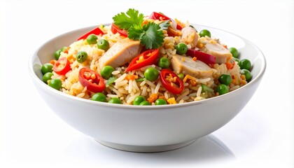 Appetizing chicken fried rice with peas, chili, and cilantro served in a white bowl on a clean white background.