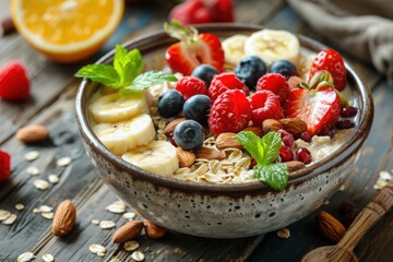 Oatmeal bowl with fresh fruits and nuts on a rustic wooden surface, a healthy breakfast option displayed