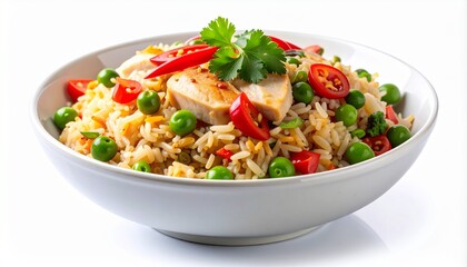 Appetizing chicken fried rice with peas, chili, and cilantro served in a white bowl on a clean white background.