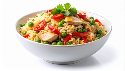 Appetizing chicken fried rice with peas, chili, and cilantro served in a white bowl on a clean white background.
