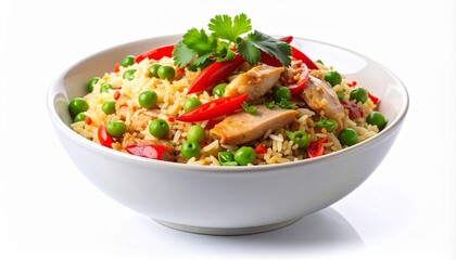 Appetizing chicken fried rice with peas, chili, and cilantro served in a white bowl on a clean white background.
