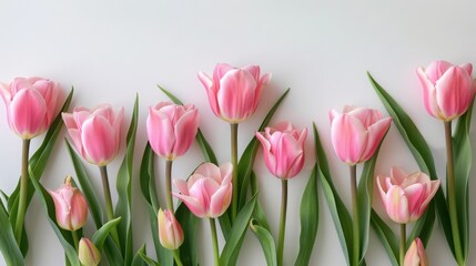 Fototapeta premium Arrangement of pink and white tulips with green leaves on a plain white background creating a floral pattern