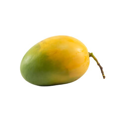 A ripe yellow and green mango with a stem isolated on transparent background