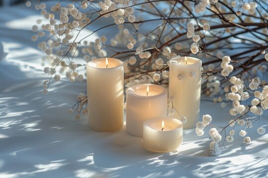 Illuminated candles with white floral accents casting shadows in a serene and elegant setting