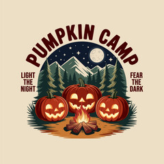 Spooky halloween night camping scene with pumpkins