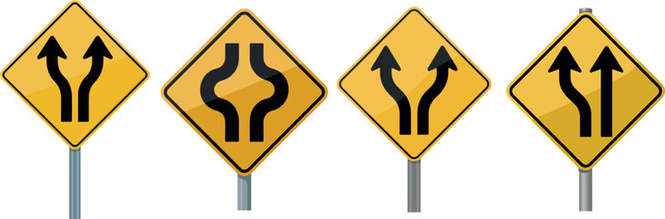 A collection of yellow diamond shaped road signs with black arrow illustrations