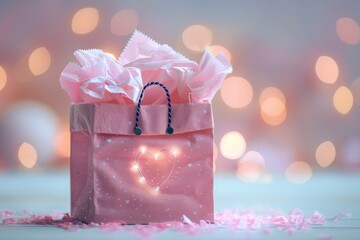 A pink gift bag with tissue paper and a heart shaped light design against a bokeh light background