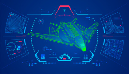 concept of aerospace engineering of space travel, graphic of lined spaceship with scifi interface
