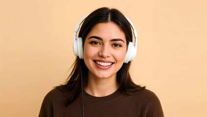 Cheerful clear skinned asian woman wearing headphones music notes