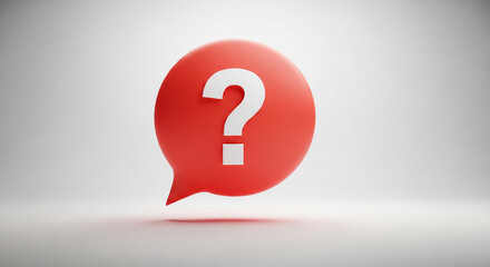 Red speech bubble with a white question mark inside, representing uncertainty and need for information or solution, on a white background