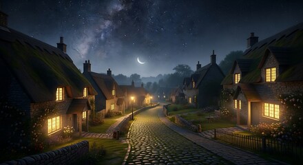 Enchanting Night Village Cottages Under Milky Way