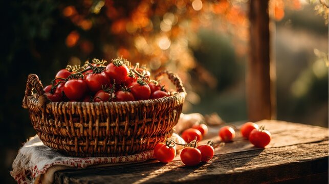Rustic Basket of Ripe Cherry Tomatoes on Weathered Wood, Golden Hour Light.