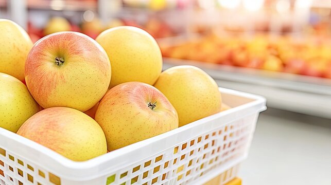 Vibrant apples in focus at a bustling fruit and vegetable market full of fresh produce and activity