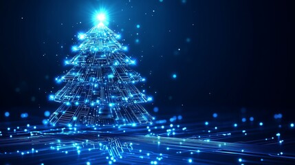 Futuristic Christmas tree glowing bright blue, perfect for tech companies sending holiday greetings or digital marketing campaigns this winter season