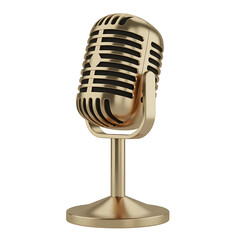 Classic vintage gold microphone on a stand isolated on transparent background
