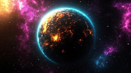 Fiery planet with a blue aura against a backdrop of colorful nebulae