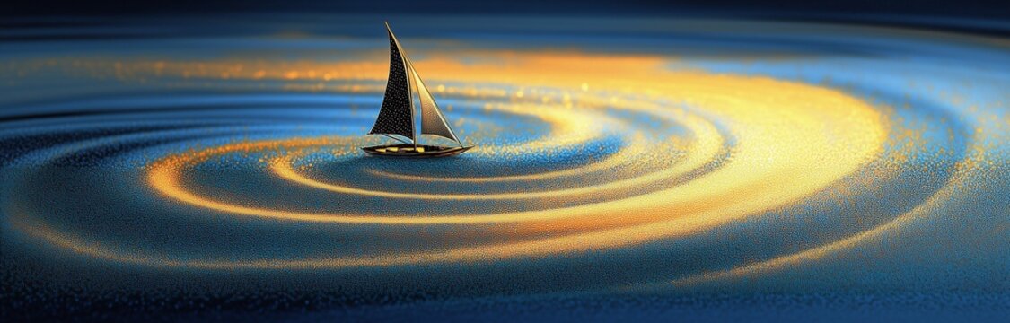 A small sailboat sails on water with spiral ripples spreading from its wake against a dark blue to yellow gradient background at sunset - Powered by Adobe