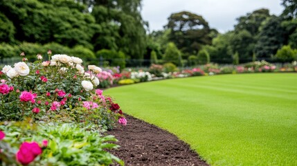 Stunning rose garden in the city park showcases vibrant blooms on a sunny day amidst lush greenery and a tranquil atmosphere
