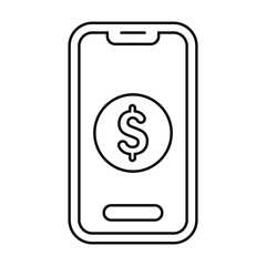 Minimal line-art smartphone icon with dollar sign, black and white mobile payment and banking vector